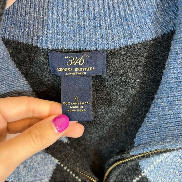 Brooks Brothers Men’s Gray Blue Argyle Lambswool Zip Up Sweater XL - Picture 3 of 11